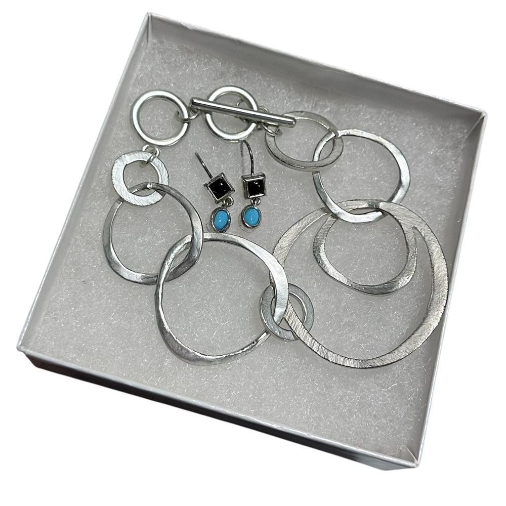 Set of Artisan Hammered Silver Link Bracelet & Turquoise Drop Earrings